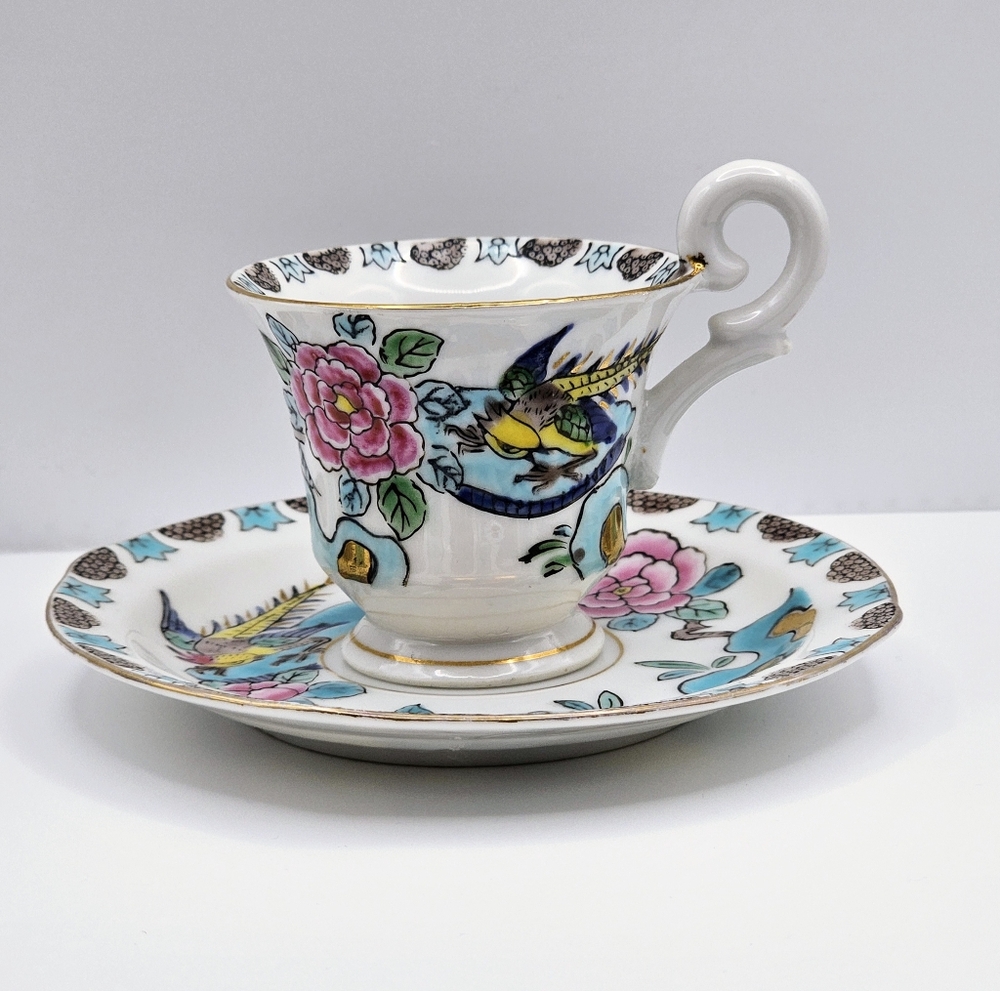 Vintage Hokutosha Floral Bird Teacup & Saucer Occupied Japan